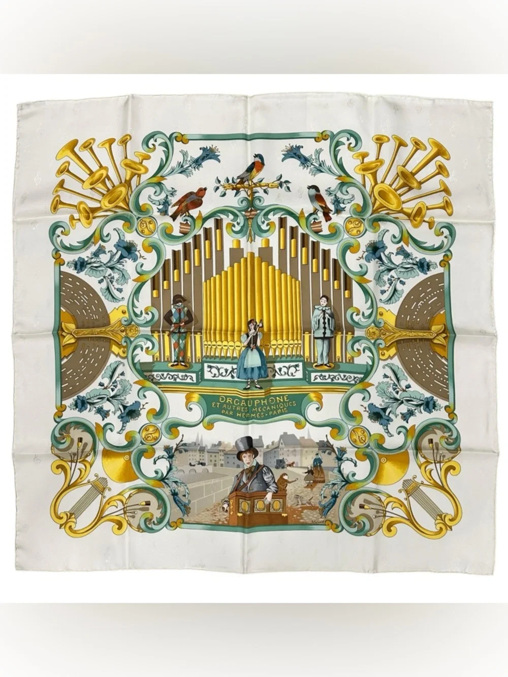 Hermes 100% Silk “Orgauphone” White Gold Green & Blue 90x90cm Large Square Scarf - Picture 1 of 12